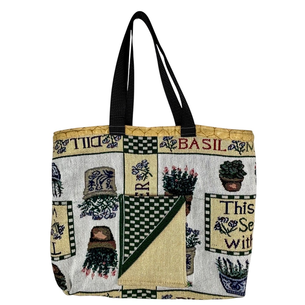 Vintage Tapestry Tote Bag‎ Herb Garden Botanical Print Velvet Back Green Yellow